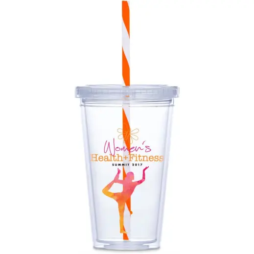 Malibu Double-Wall Plastic Tumbler & Straw Orange